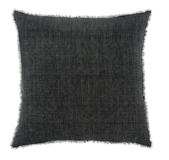 A square-shaped cushion with a charcoal color, featuring a textured linen fabric and a fringe border at the bottom.