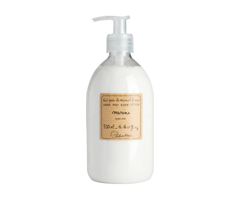 A clear plastic pump bottle of Lothantigue - Marine - Hand & Body Lotion with volume information. 