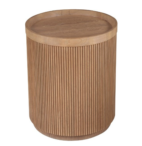 A cylindrical side table with a natural oak finish and a tambour-wrapped base, featuring ridged detailing.
