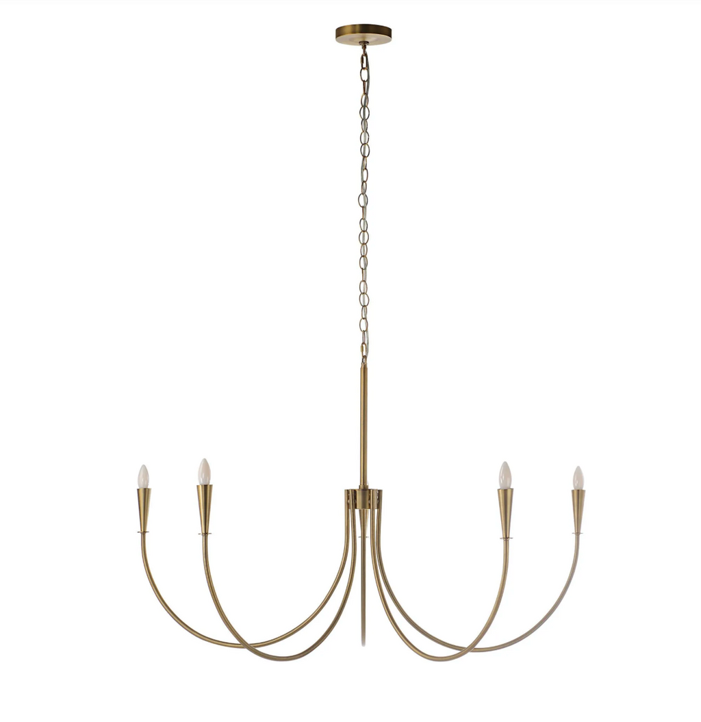 Gold chandelier with five arms on a white background