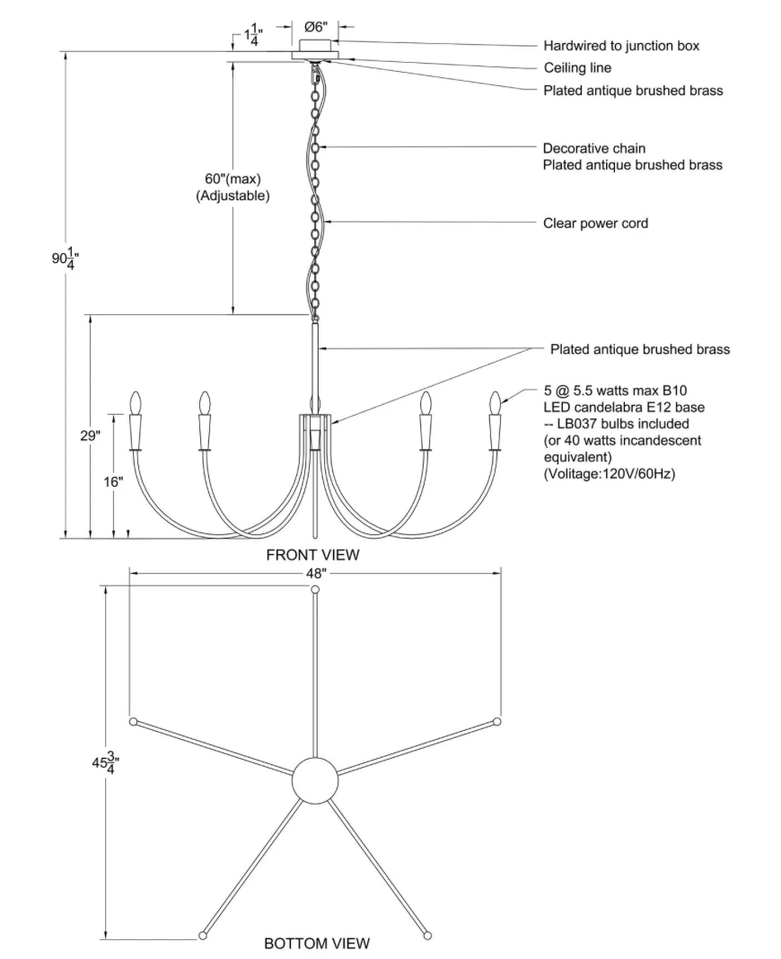 Technical drawing of a ceiling light fixture with dimensions and material details.