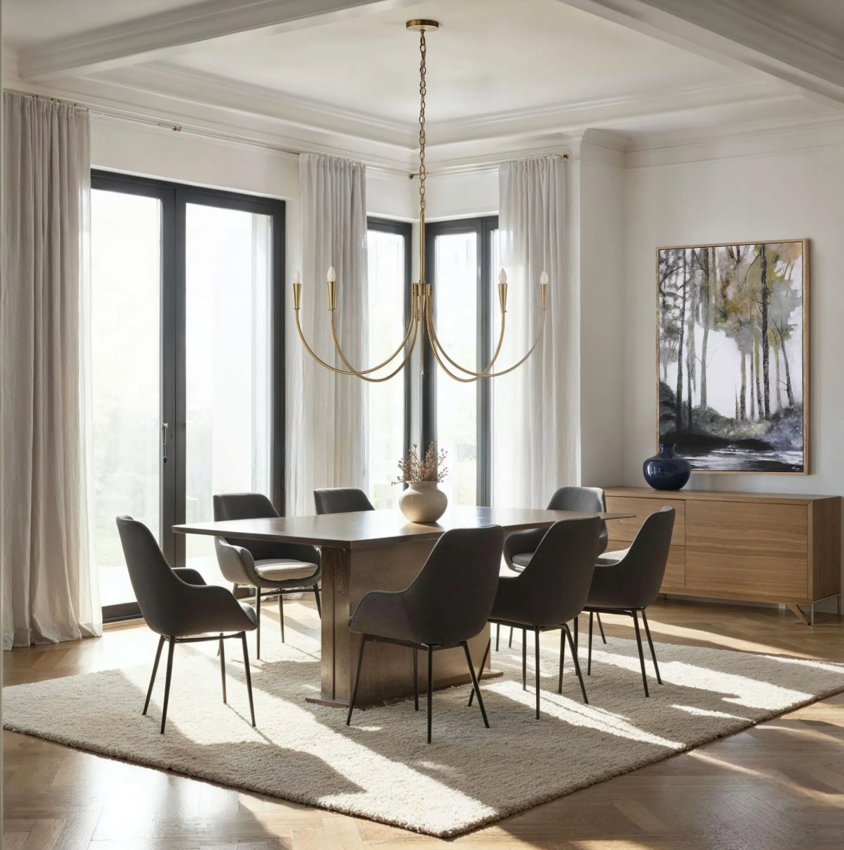 Modern dining room with a chandelier, table, and chairs.