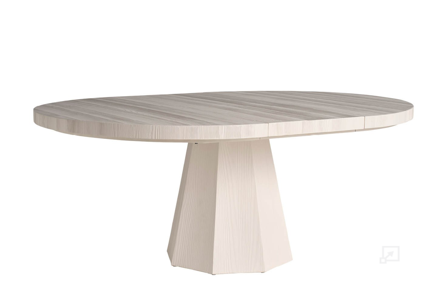Round dining table with a light wood finish on a white background