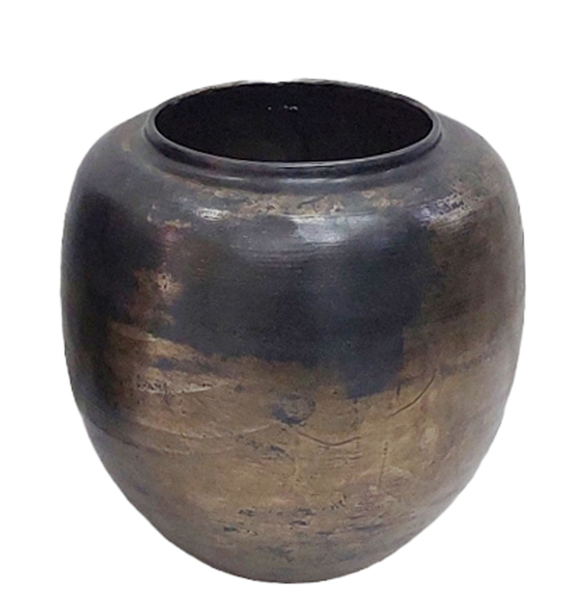 Black ceramic pot with gold bronze detail on a white background.