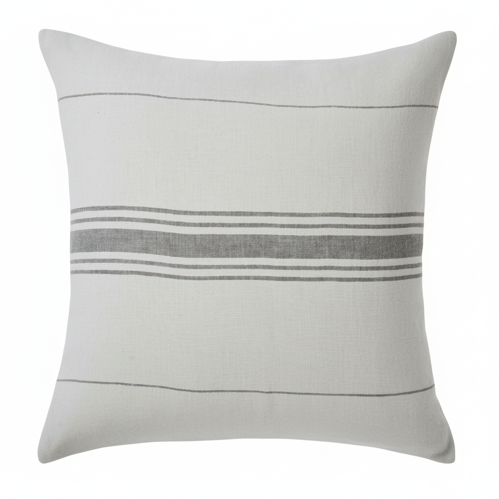 A white cushion with a gray horizontal stripe design