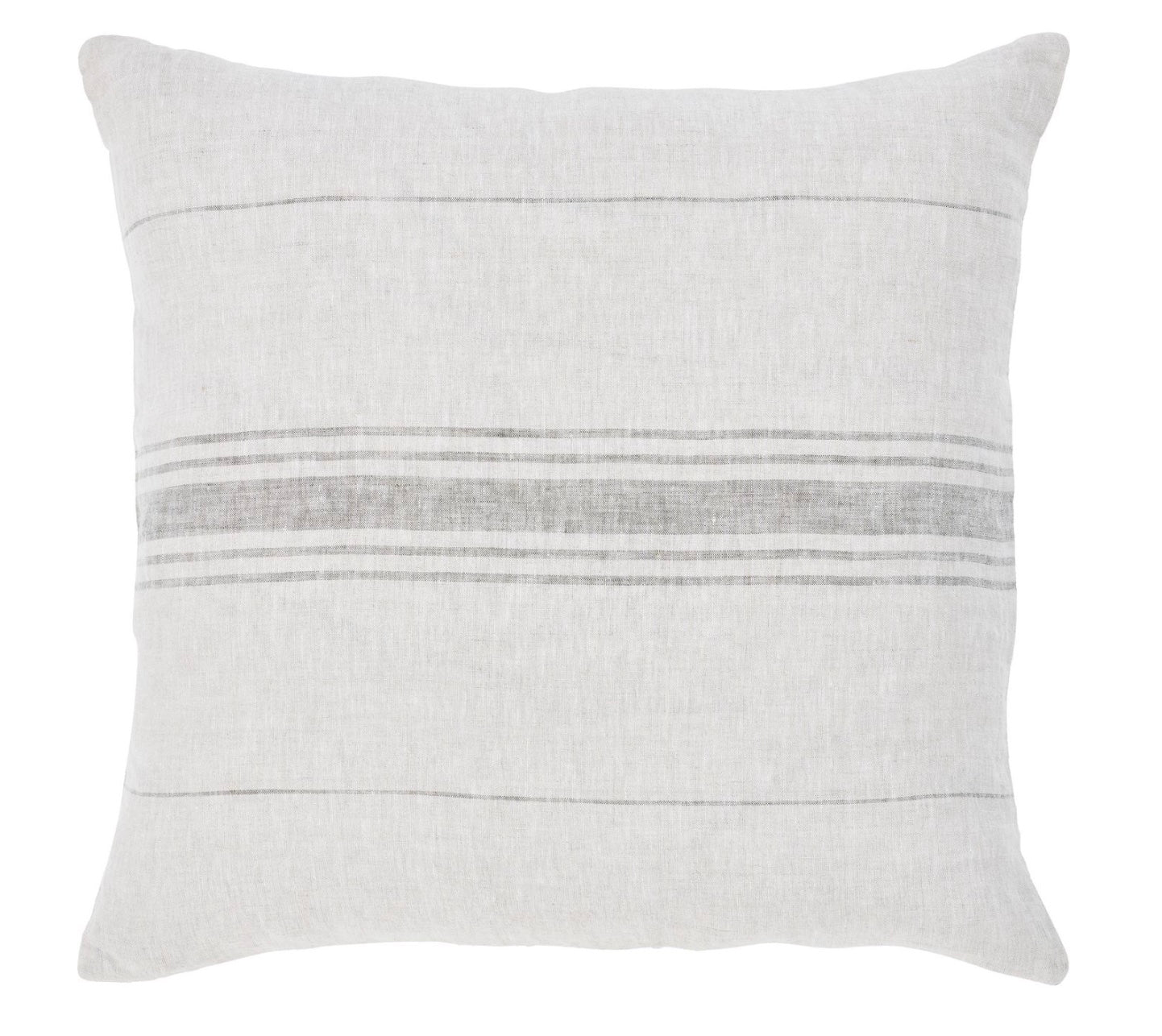 A square-shaped cushion with a striped pattern in white and gray colors.