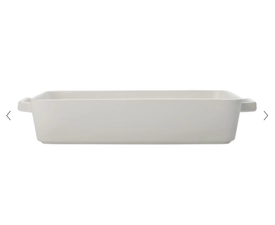 A white rectangular bakeware dish with a handle on the side.