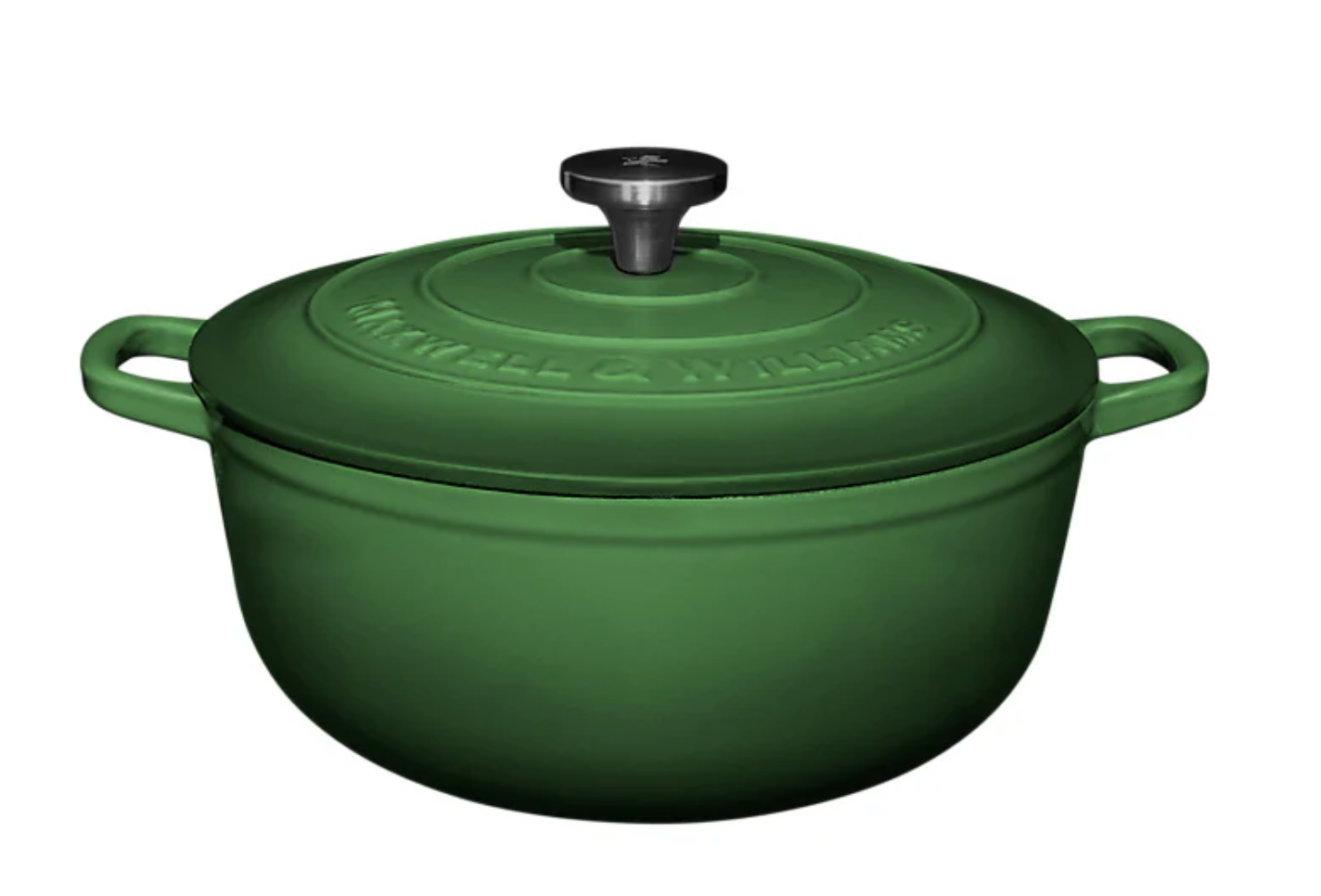 Green cast iron cookware pot with lid on a white background