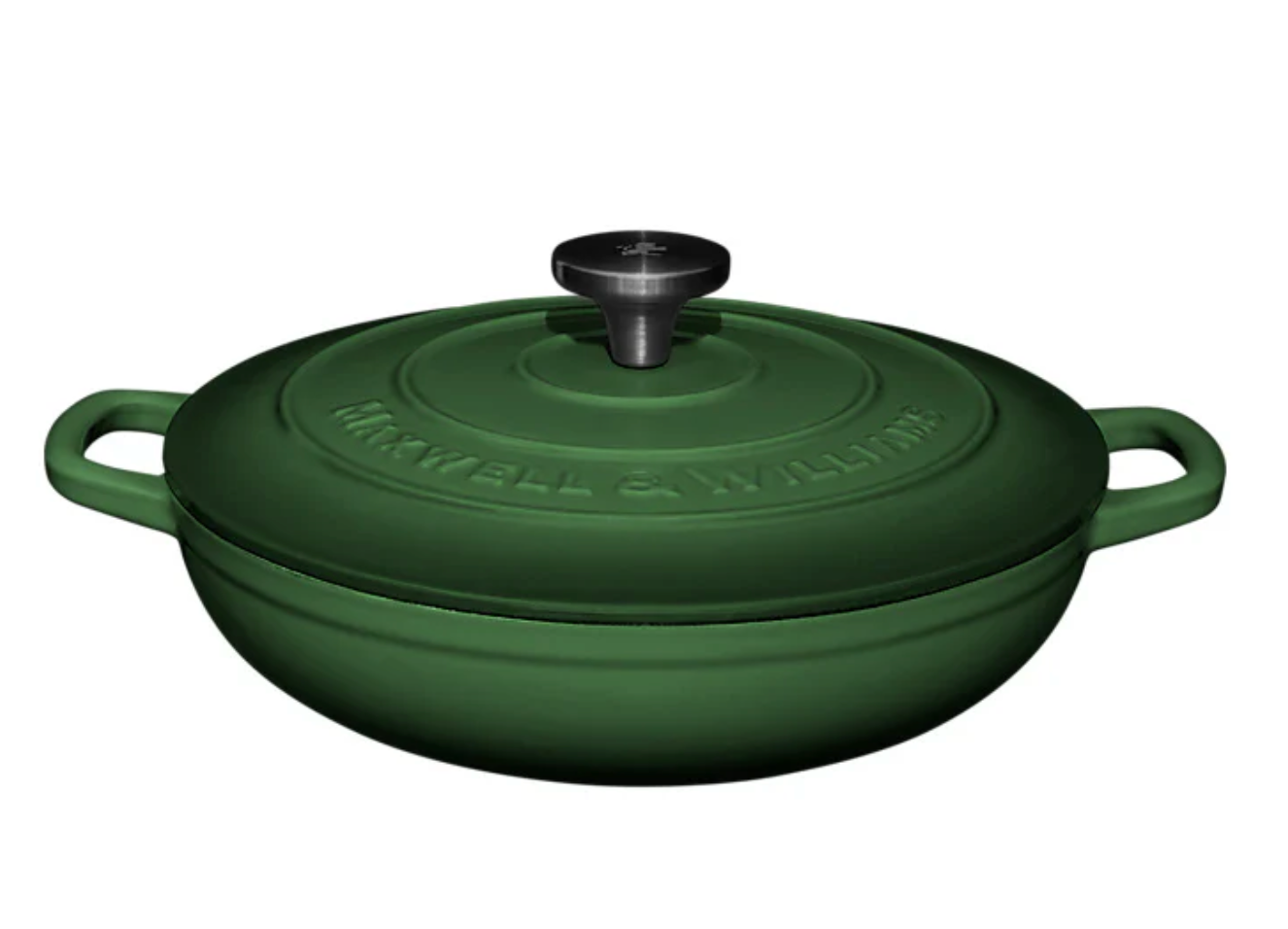 Green cast iron cookware with lid on a white background