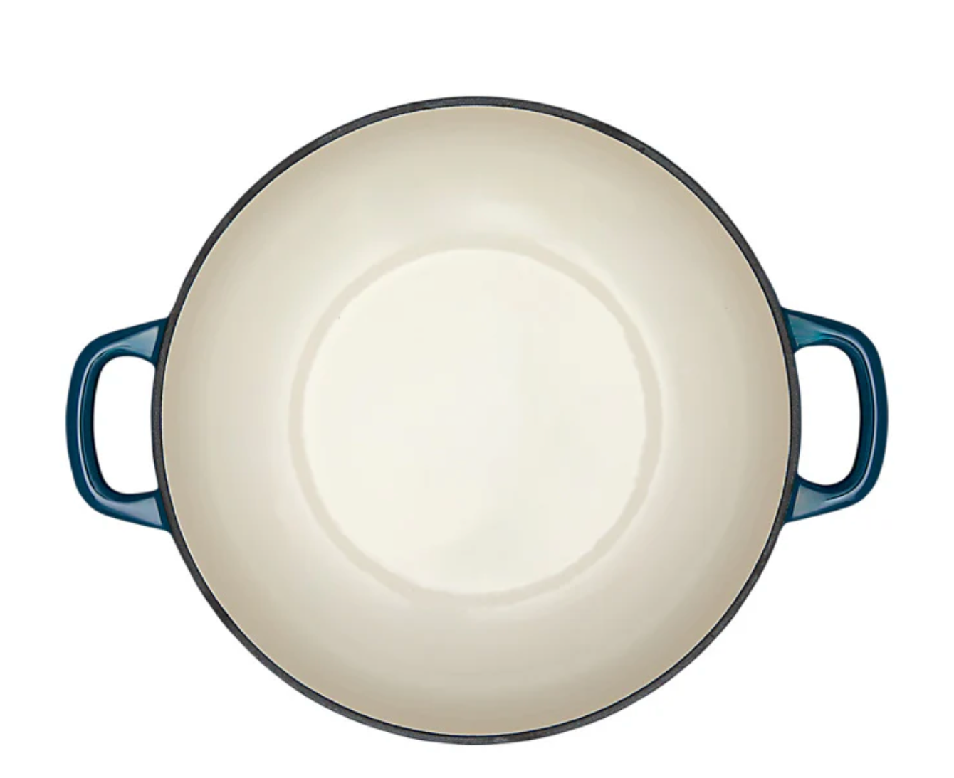 Blue enameled cast iron Dutch oven on a white background