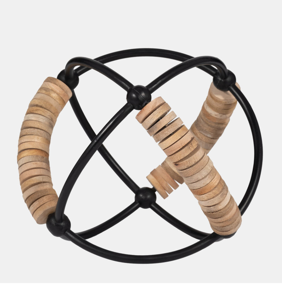 A round abacus toy made of wood and metal, with the wood pieces on the outer part of the circle and the metal in the center.