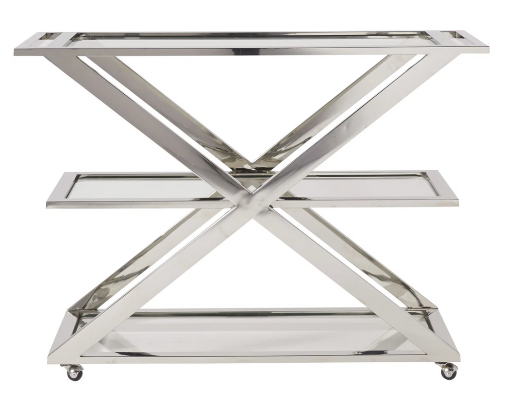 Metallic serving cart with a reflective surface on a white background