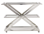 Metallic serving cart with a reflective surface on a white background