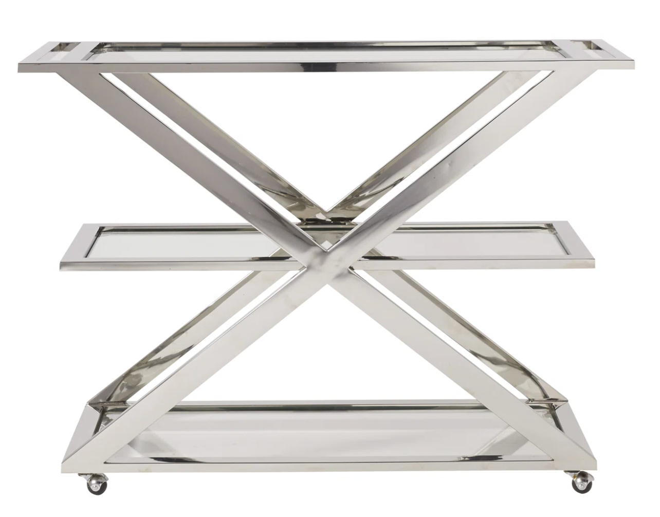 Metallic serving cart with a reflective surface on a white background