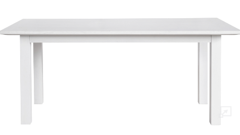 Modern white wooden dining table on a white background. 