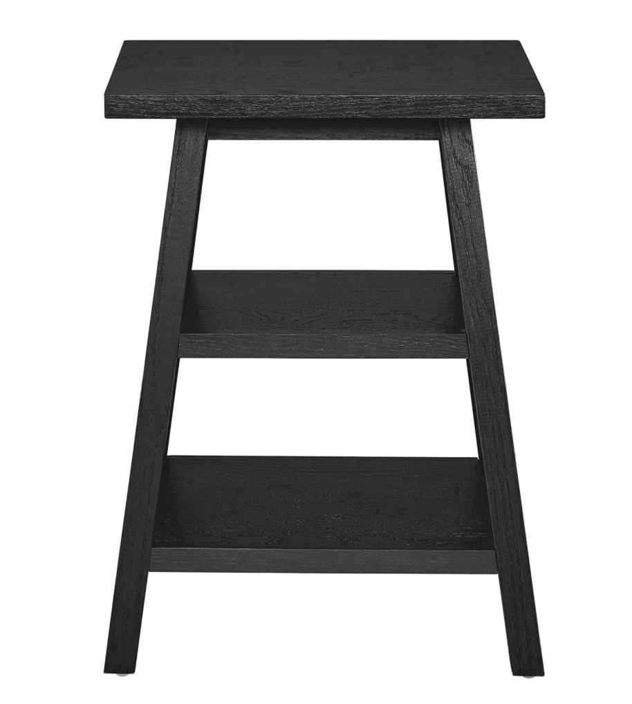 A charcoal-colored square ends table with angled legs and a multi-shelf design.