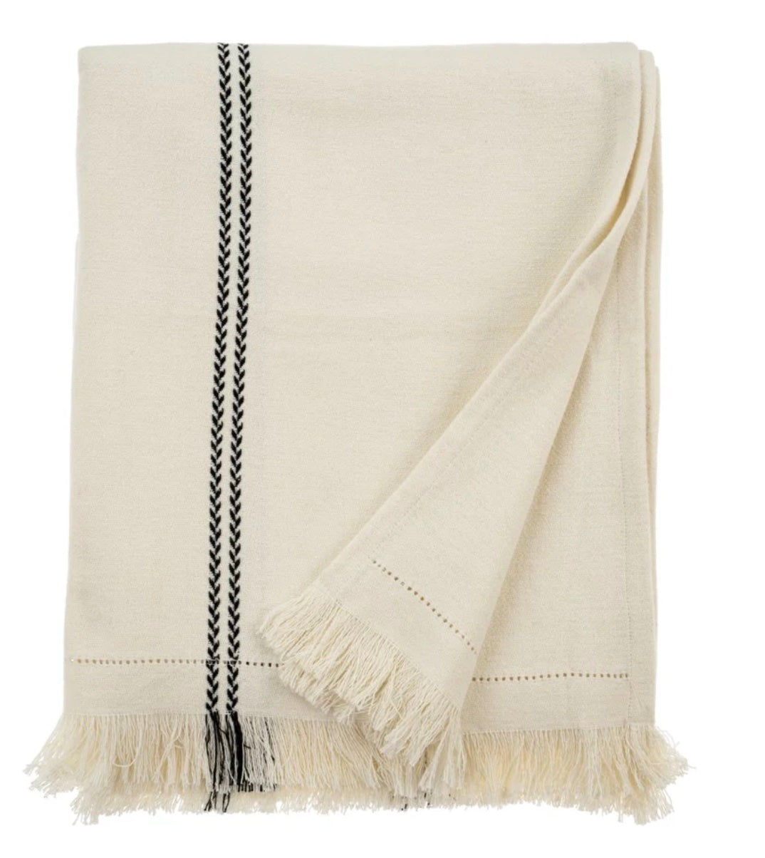 A beige cotton throw blanket with a satin weave texture, decorated with an eyelash fringe and hemstitch detailing at the ends.