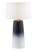 A table lamp with a white shade and a multi-colored base, transitioning from dark to light shades vertically.