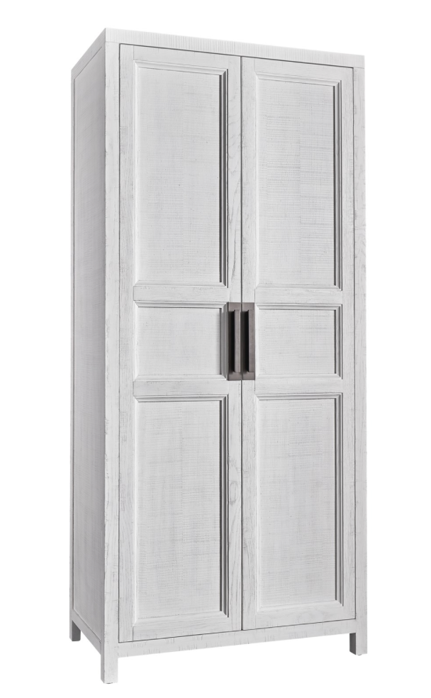Wooden tall cabinet with white wash finish and metallic handle accents on a white background. 