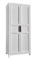 Wooden tall cabinet with white wash finish and metallic handle accents on a white background. 