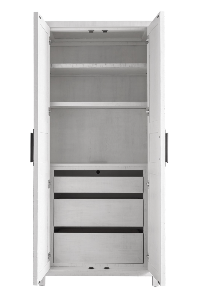 Wooden tall cabinet with white wash finish and metallic handle accents, with the doors open showing 3 shelves and 3 drawers. 