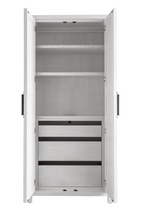 Wooden tall cabinet with white wash finish and metallic handle accents, with the doors open showing 3 shelves and 3 drawers. 