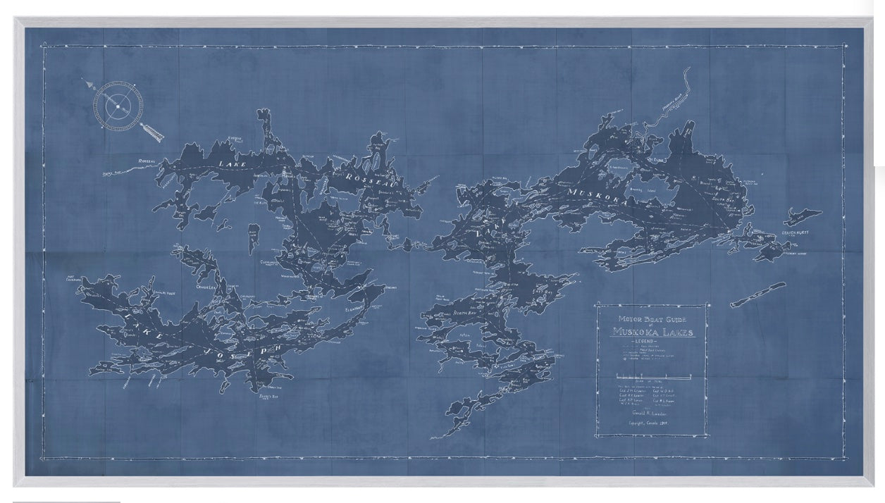 A blue map of the Muskoka Lakes with a white border, indicating boundaries and locations with labels.
