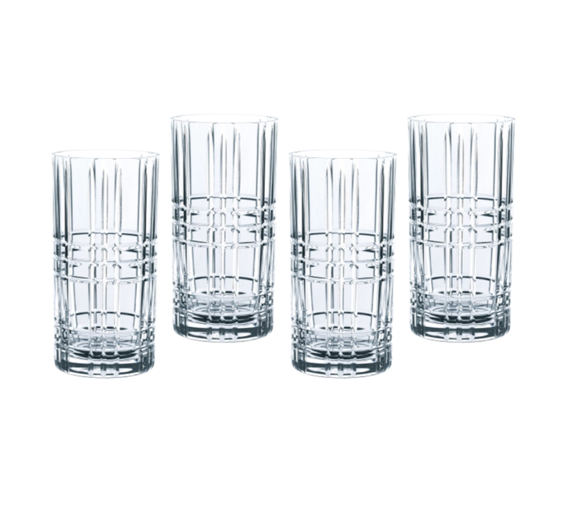 A set of four square-shaped, clear glass highball glasses with a solid pattern and vertical detailing.