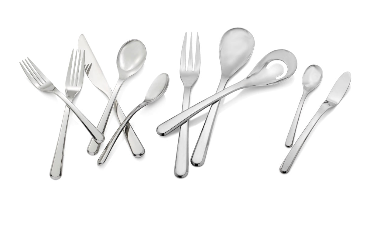 A set of silver flatware consisting of dinner knives, dinner forks, salad forks, soup spoons, and teaspoons, all with a shiny, polished finish.