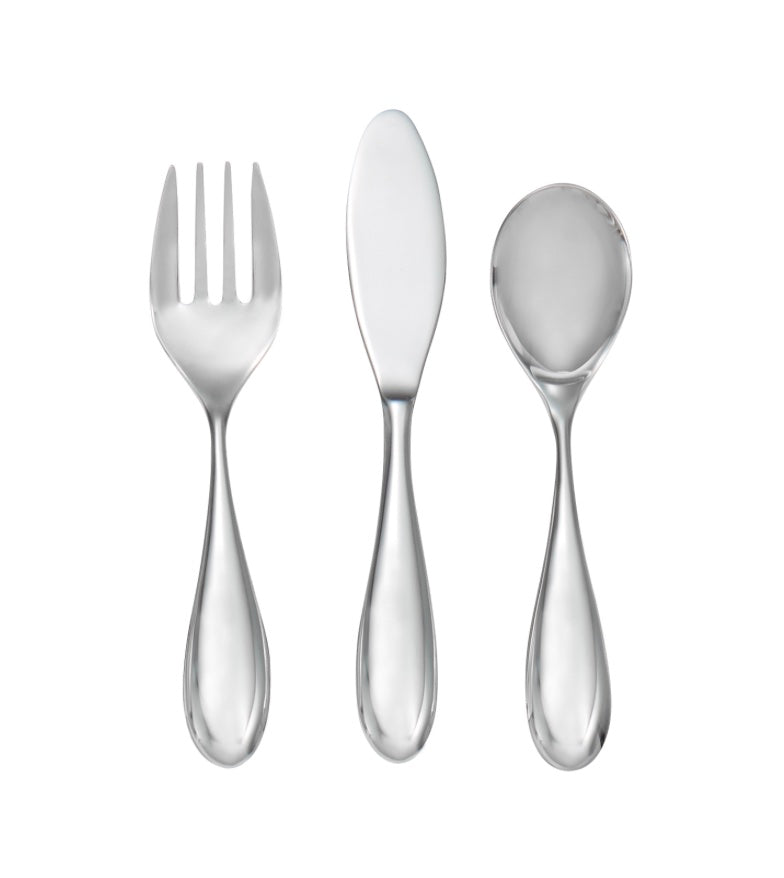 A three-piece toddler flatware set including a fork, spoon, and knife, presented on a white background.
