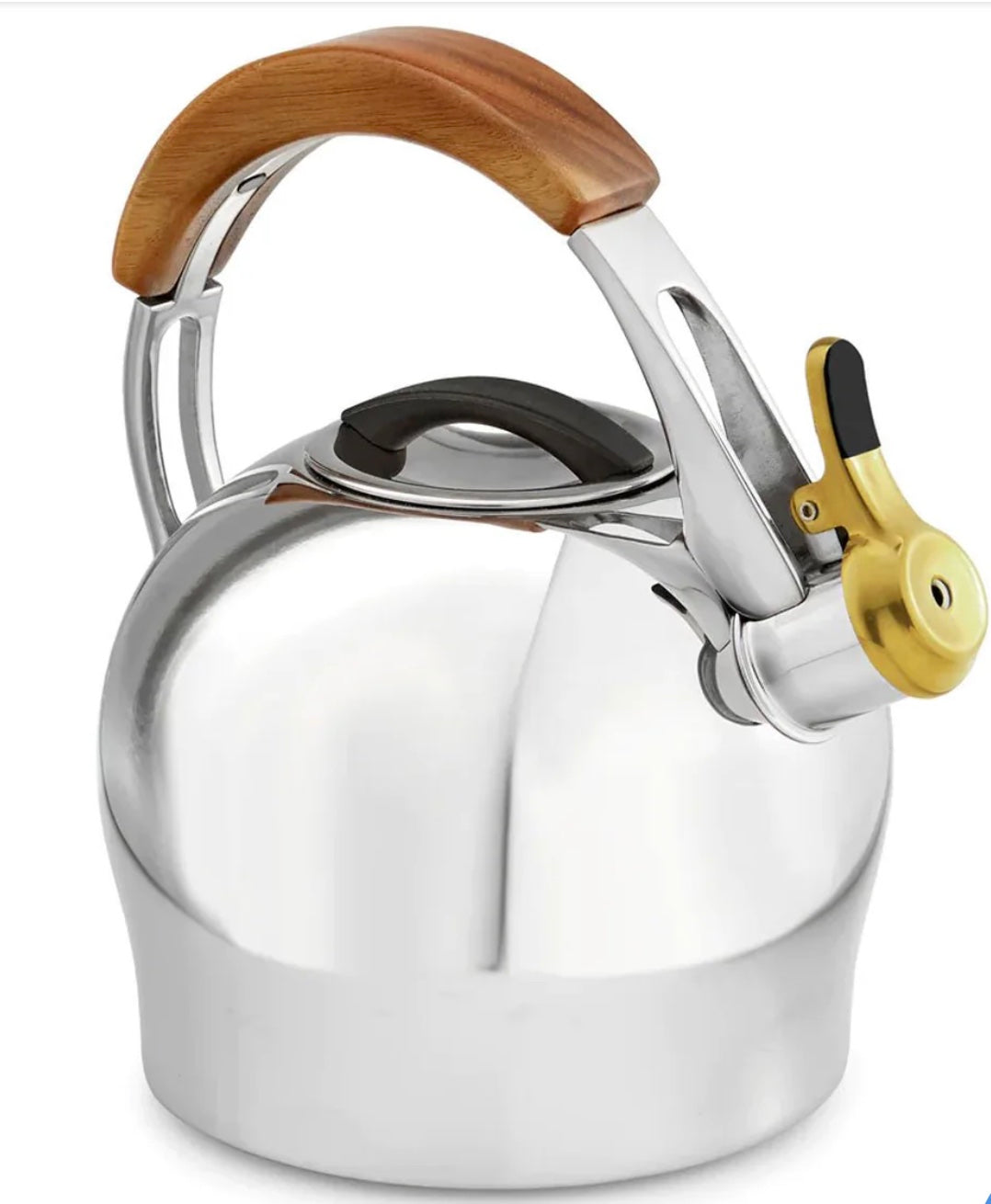 A stainless steel tea kettle with a wooden handle and a removable lid, featuring a whistle for boiling alerts.