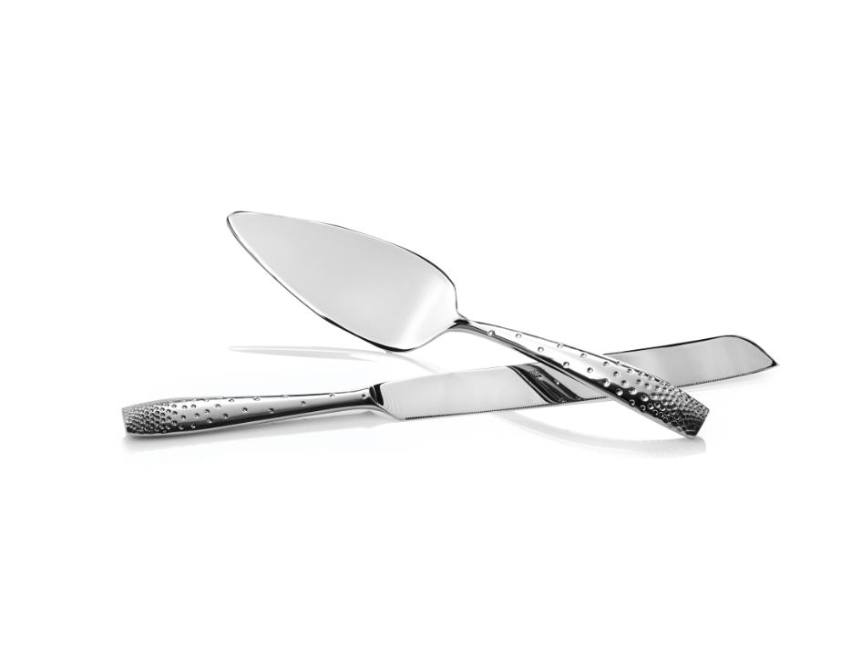 Stainless Steel cake knife and server with embellished handles. 