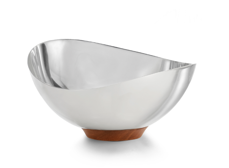 A contemporary designed Nambe Pulse Nut Bowl with a stainless steel bowl and a wood base.