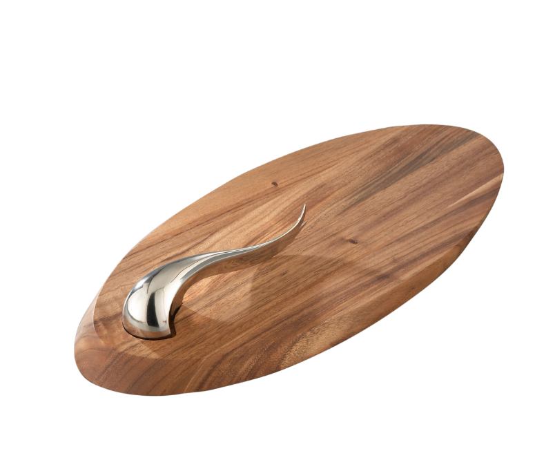 A wooden cheese board with a sleek stainless steel knife on top, designed with a modern aesthetic.
