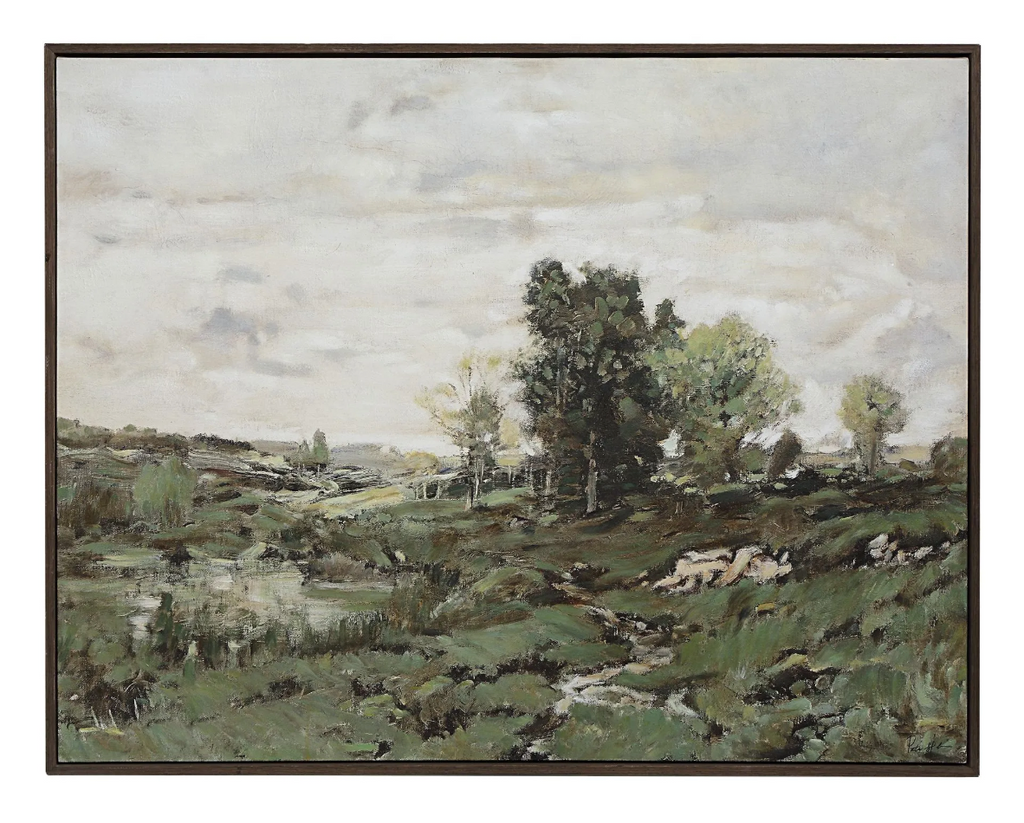 Landscape painting with a pond and and trees under a cloudy sky