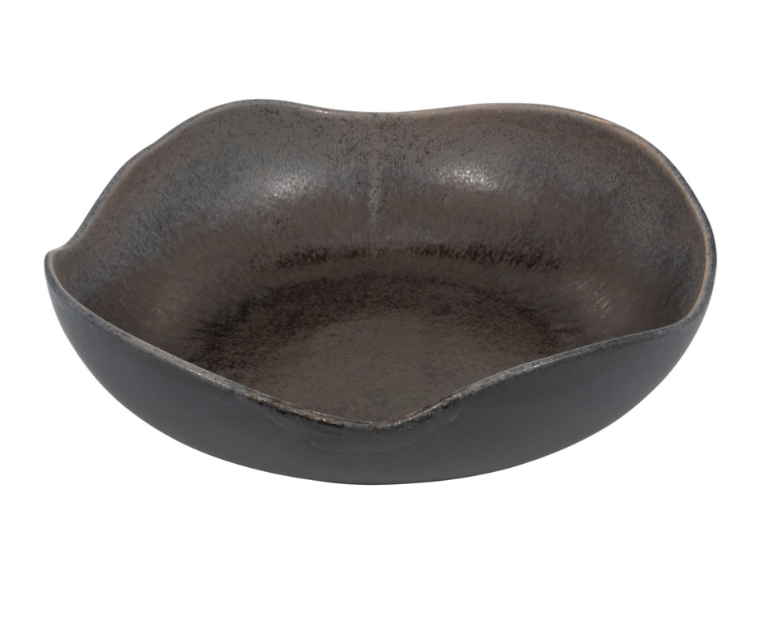 Dark brown ceramic bowl with curved edge. 