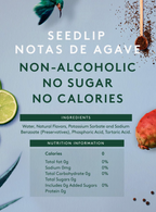 Product label for Seedlip Notas de Agave with ingredients and nutrition information on a light blue background.