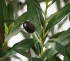 Close up of artificial olive tree with green leaves and a black olive. 
