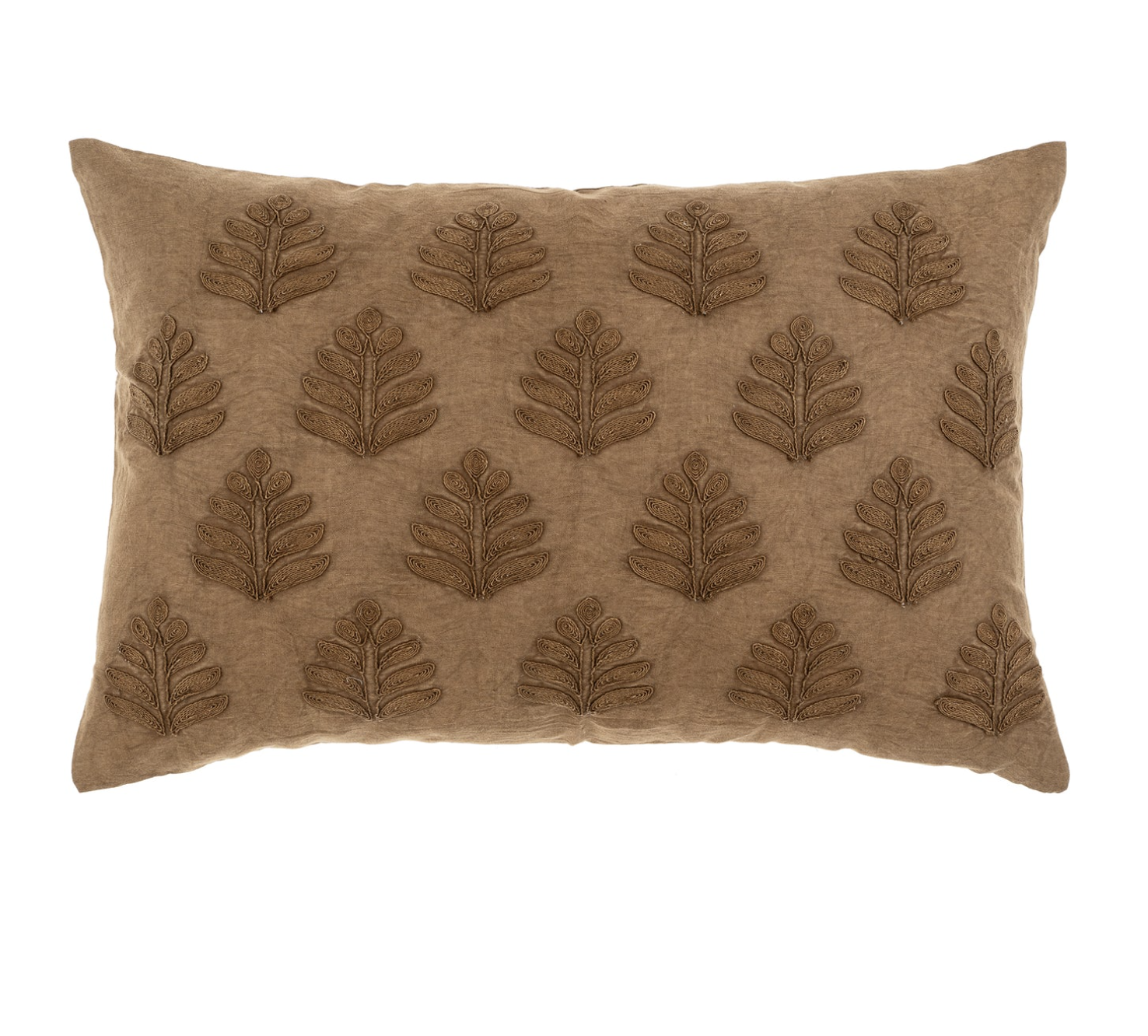 Brown pillow with leaf pattern on a white background