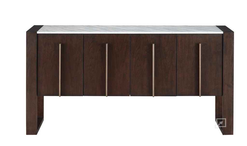 Dark wooden credenza with mettalic handles and a white marble top.