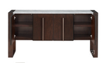 Dark wooden credenza with mettalic handles and a white marble top, with the side doors open to reveal a shelf. 