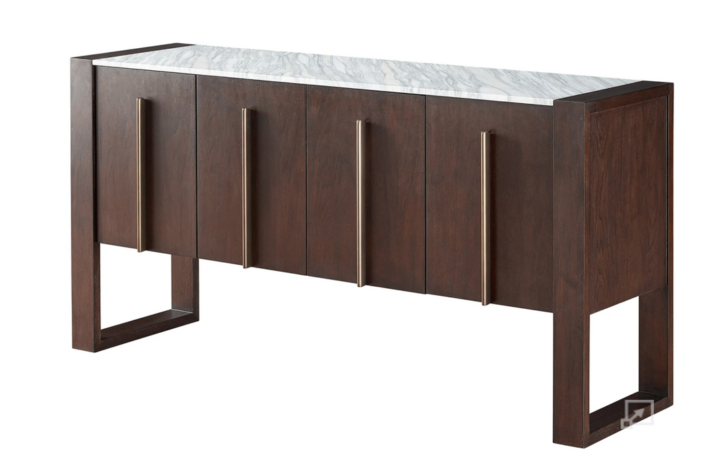 Dark wooden credenza with mettalic handles and a white marble top.