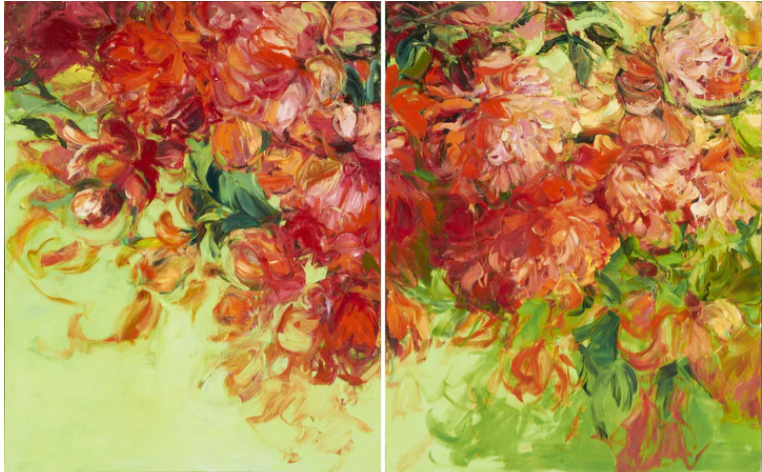 A two-panel painting featuring a vibrant floral pattern with red, pink, and green colors on a yellow background.