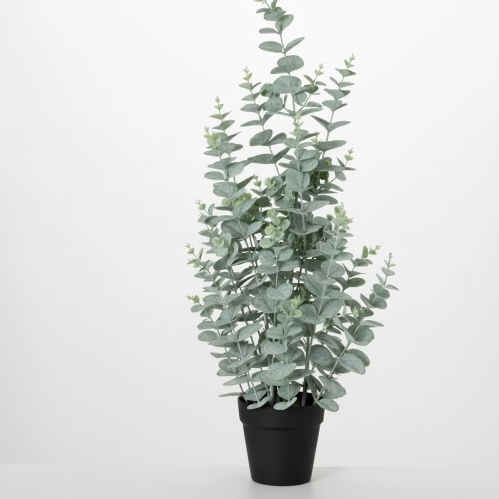 A lifelike potted eucalyptus tree with green foliage in a sleek black plastic pot.