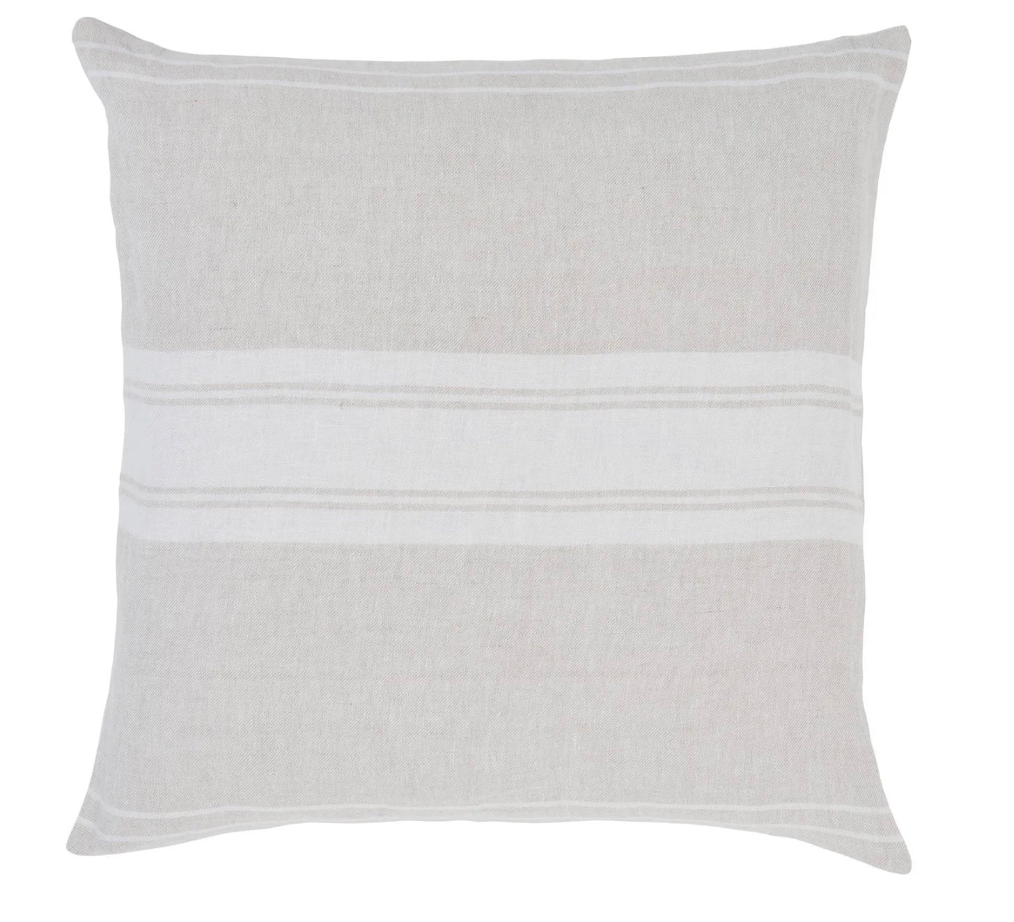 A square-shaped cushion with a striped pattern in white and beige colors.