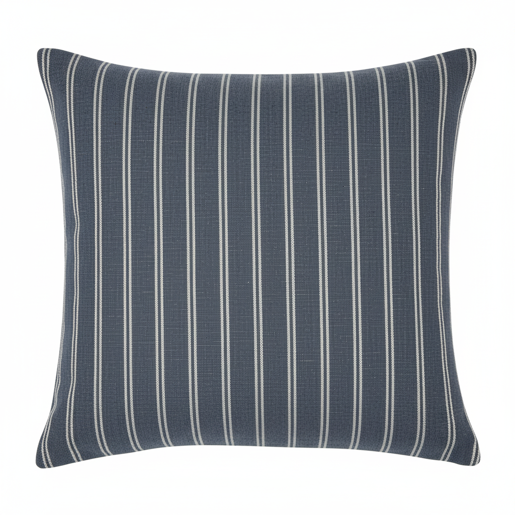 A square-shaped cushion with blue and white stripes