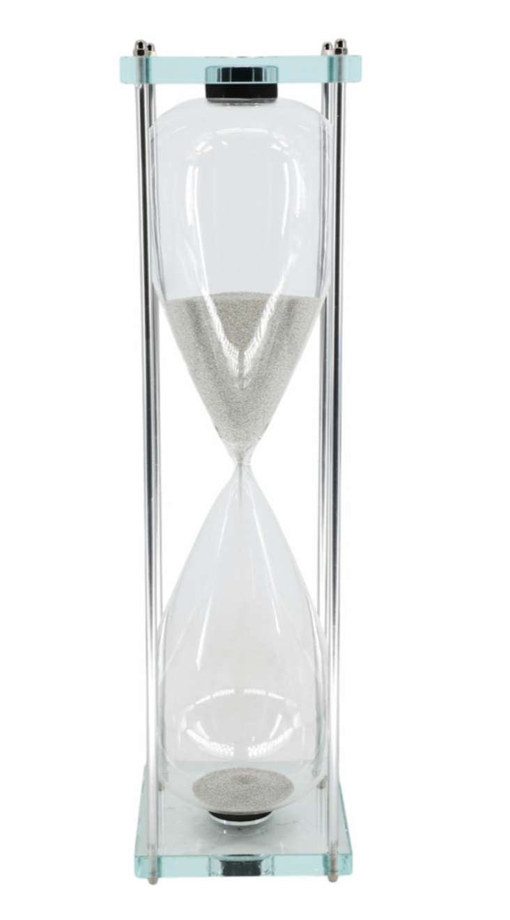 Tall Glass metal and acrylic hour glass. 