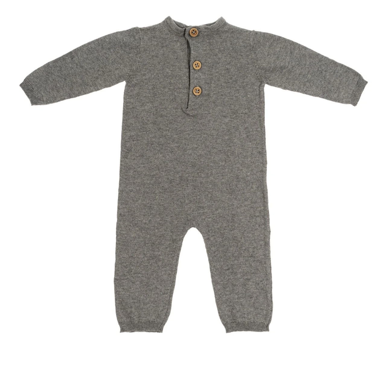 Gray cotton baby onesie with button details on a white background