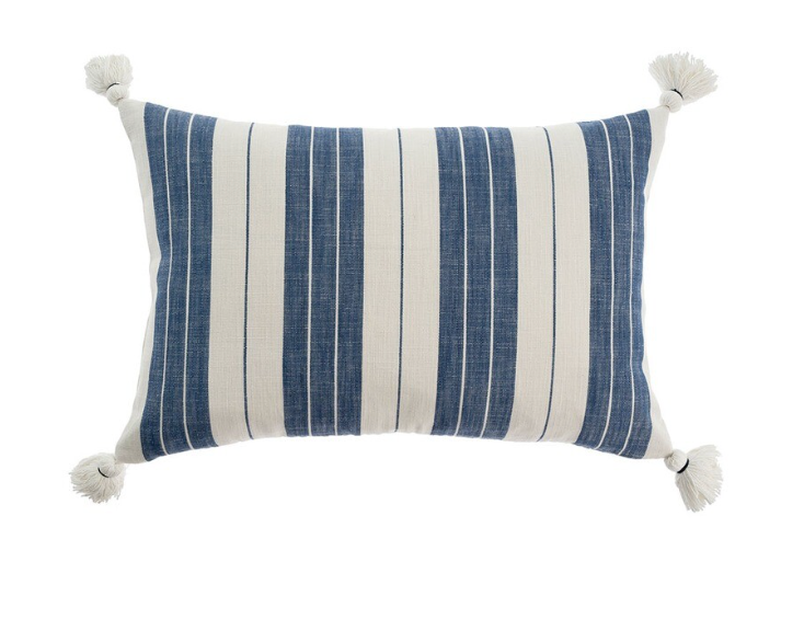 A rectangle-shaped cushion with a blue and white striped pattern, featuring tassels on the corners.