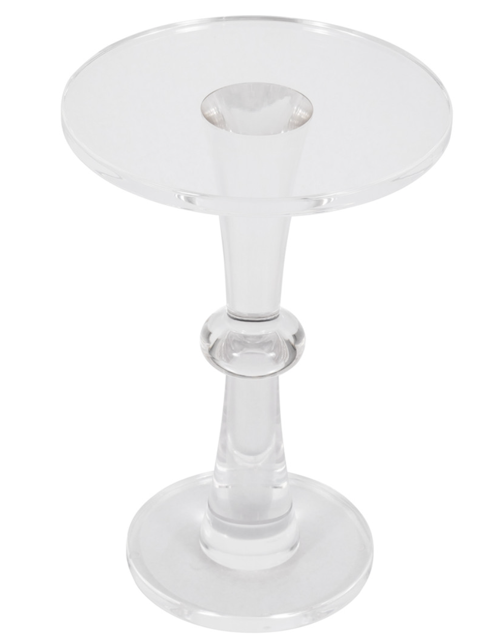 Clear acrylic pedestal side table with round top and round base on a white background. 